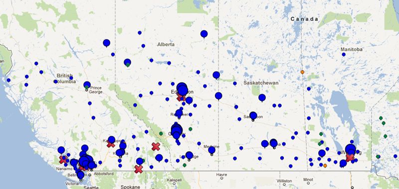 <i>Spatial distribution of movie theaters in Western Canada.</i><br>This research represents the first stage of a project aimed at better understanding of Canadian cinema geography, including through the spatial analysis of its distribution system.